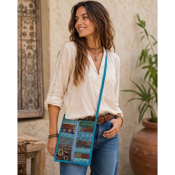 Unbranded Handbags - Vintage Boho Patchwork Sequin Crossbody Bag Blue Cotton India Festival Purse